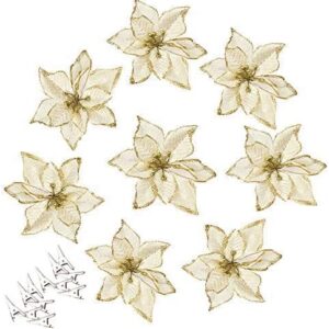 AmaJOY 12pcs Glitter Poinsettia Christmas Tree Ornament Artificial Wedding Christmas Flowers Xmas Tree Wreaths Decor Ornament, 5.5inch, Red and Gold for Choice (Gold)