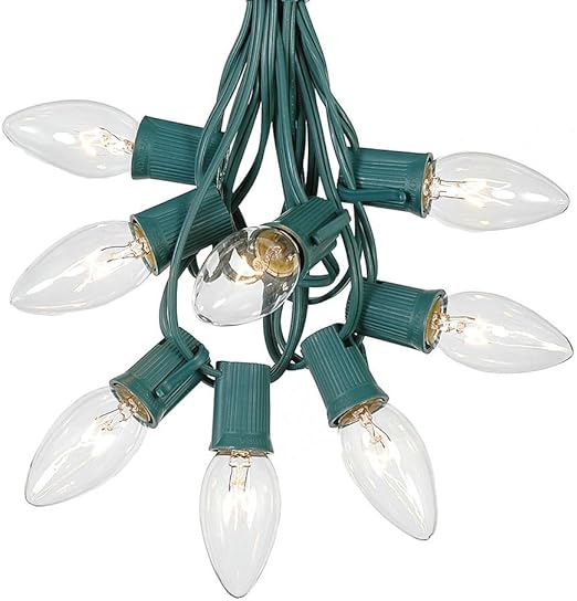 C9 Clear Christmas String Light Set - Outdoor Christmas Light String - Hanging Christmas Lights - Roofline Light String - Outdoor Patio String Lights - Green Wire - 25 Foot