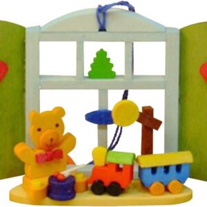 Alexander Taron Importer 4255 Graupner Ornament - Teddy with Toys/Window - 2.25" H x 3.25" W x 1" D, Yellow