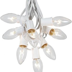 Novelty Lights Clear Hanging Incandescent Christmas String Lights - Retro Traditional C9 Indoor/Outdoor Light Set w/ 25 Mini Bulbs for Roof Lines, Patios (White Wire, 25' Long)