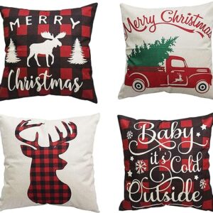 PSDWETS Christmas Pillow Covers Set of 4 Christmas Decorations Cotton Linen Winter Deer Christmas Decor Throw Cushion Cover 18 X 18
