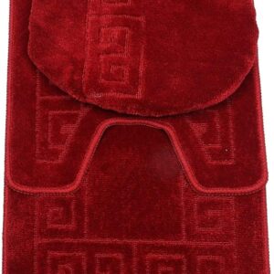 WPM WORLD PRODUCTS MART 3 Piece Bath Rug Set Pattern Bathroom Rug (20"x32")/Large Contour Mat (20"x20") with Lid Cover (Burgundy)