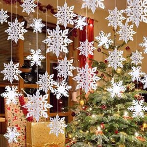 OuMuaMua Winter Christmas Hanging Snowflake Decorations, 12PCS Snowflakes Garland & 12PCS 3D Glittery Large White Snowflake for Christmas Winter Wonderland Holiday New Year Party Home Decorations